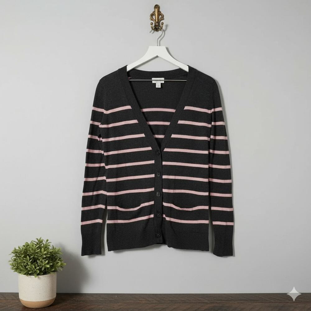 Ann Taylor Loft · Medium · Gray & Pink Striped Button-Front Cardigan Sweater